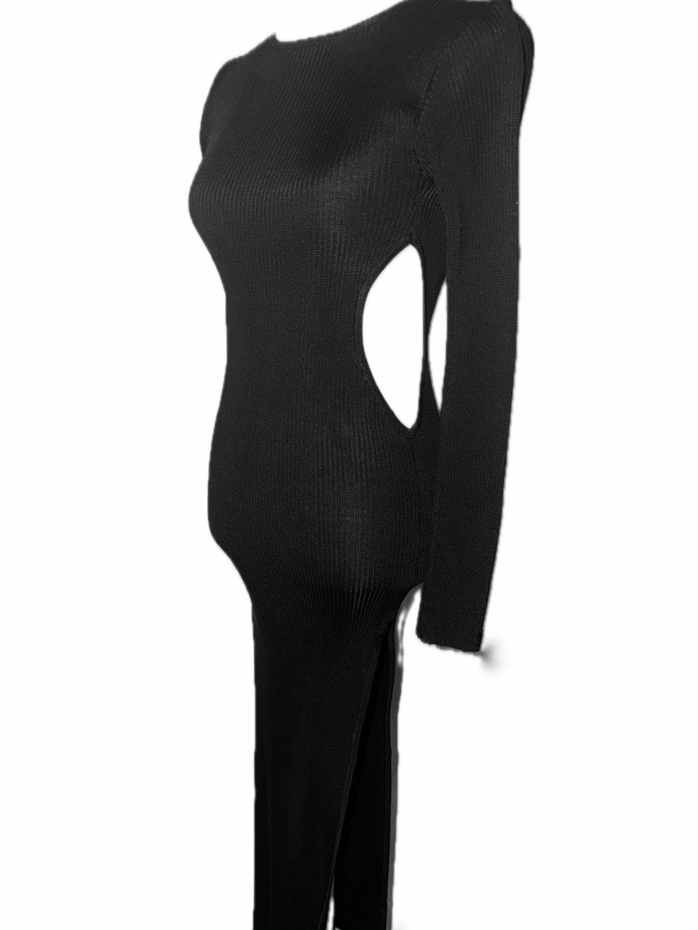 LOBO ROSA Valentina Black Long Sleeve High Side Thigh Slit, Cut-Out Hip Dress